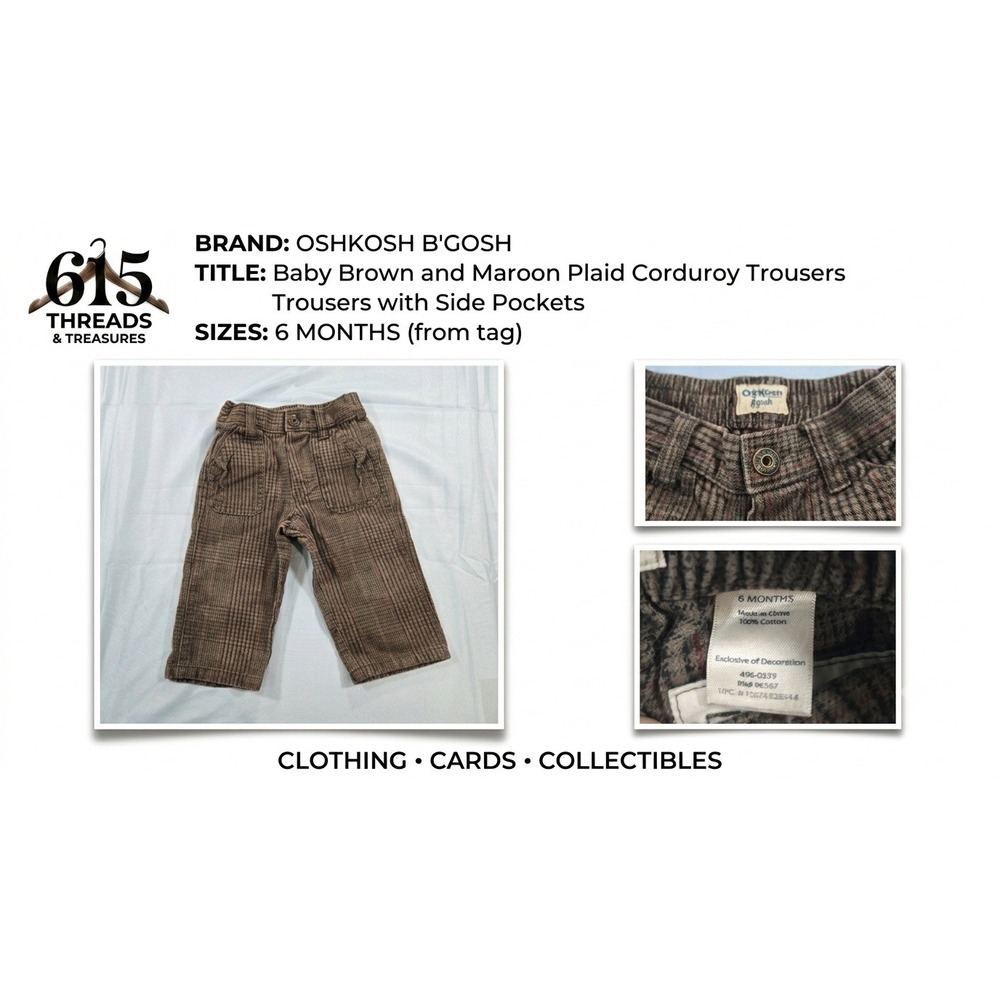 OshKosh Bgosh Baby Brown Maroon Plaid Corduroy Trousers 6 Months 496-0539